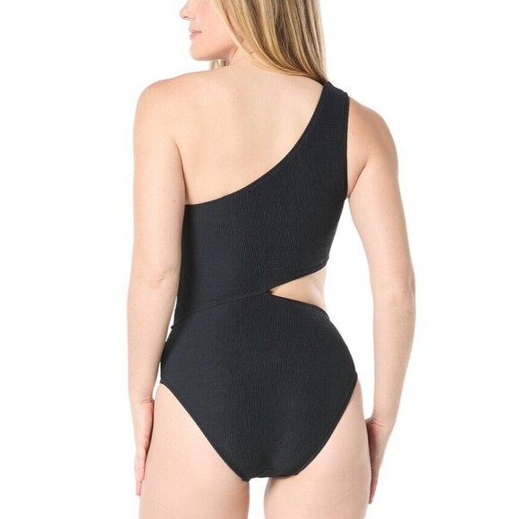 MICHAEL Michael Kors Women's Ribbed One-Shoulder Side-Cutout Swimsuit Black 8 - Picture 2 of 5